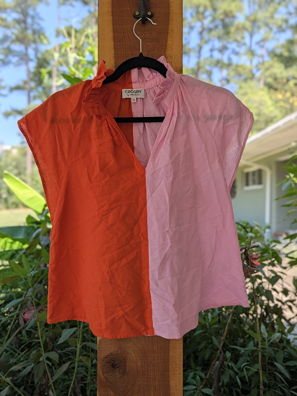crosby. Split Pink & Orange Cap-Sleeve Ruffle Top